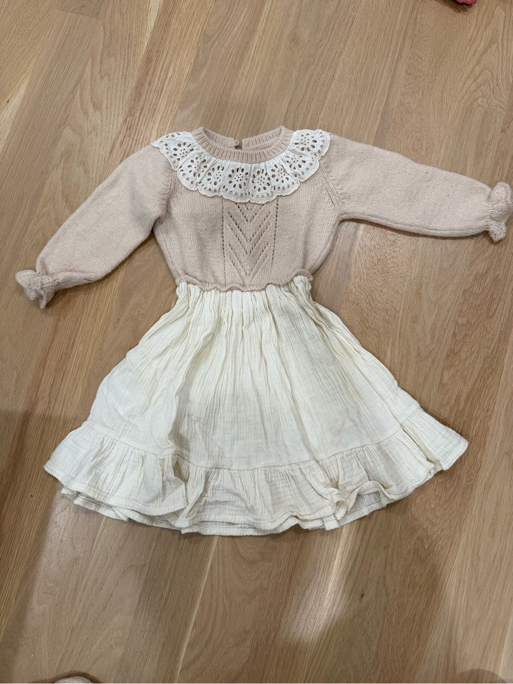 The New Society Girls Blush Knit Top and Cream Skirt Dress with Lace Collar